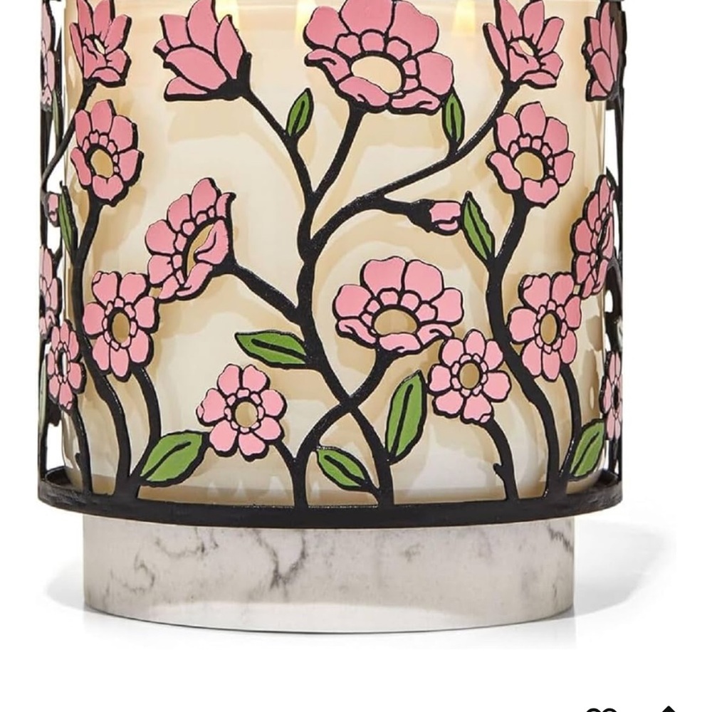Bath & Body Works Pink and Black Floral Candle Holder Marble Inspired Base